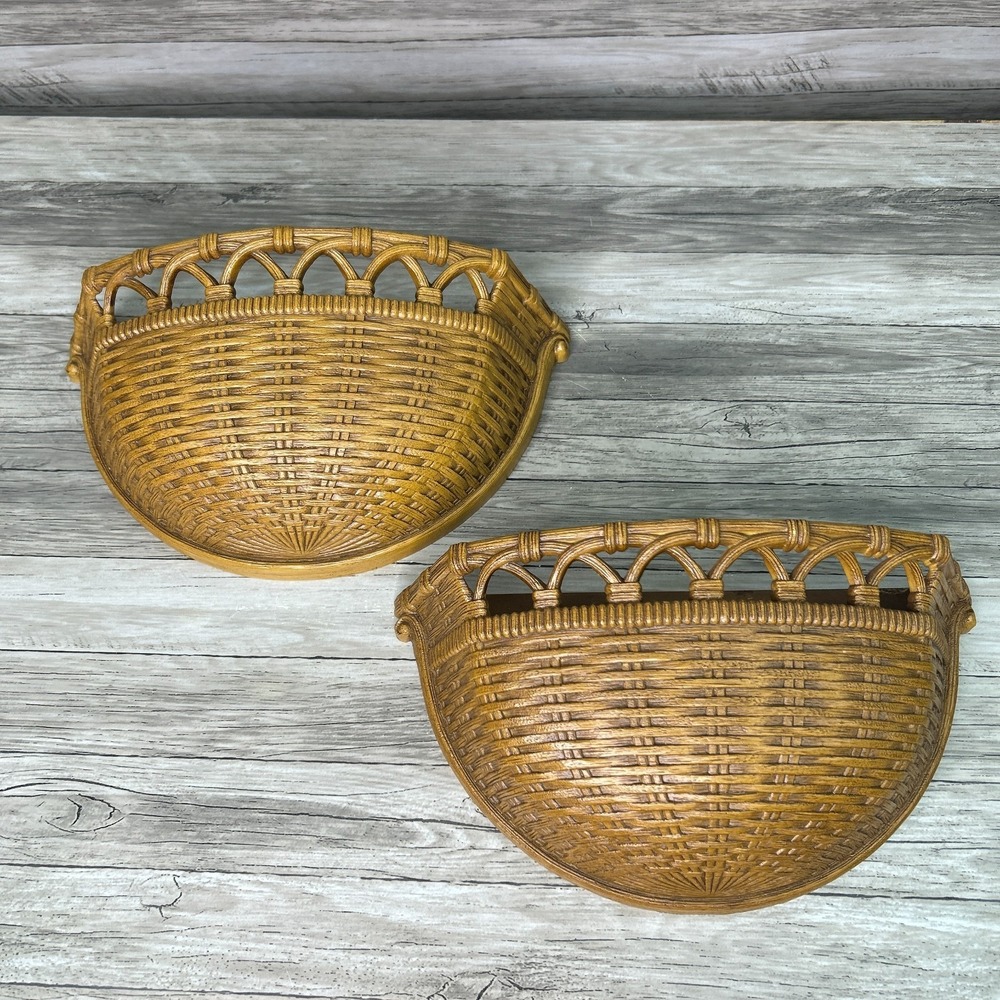 Homco‎ Pocket Planters Vintage MCM Dart Ind Brown Faux Wicker Basket Wall